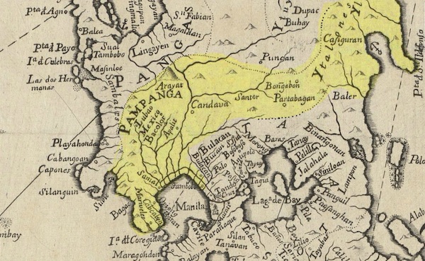 Figure 2. Map of Pampanga from Pedro Murillo Velarde’s 1744 Mapa de las Islas Filipinas. The Pampanga Delta Region had been inaccurately assigned to Bulacan.